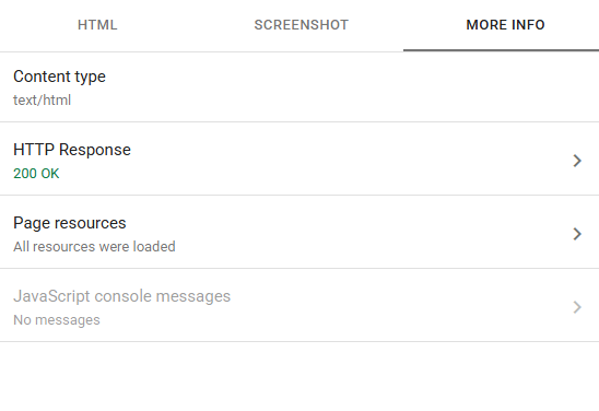 Google Search Console tested page showing 200 OK, all resources loaded, no JavaScript console errors