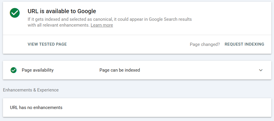Google Search Console URL Inspection showing page is available to Google and can be indexed